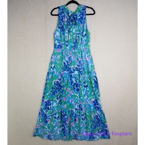 New! SAM EDELMAN  Brushstroke Print Mock Neck Dress - Blue Multi, size 10 - Picture 7 of 16